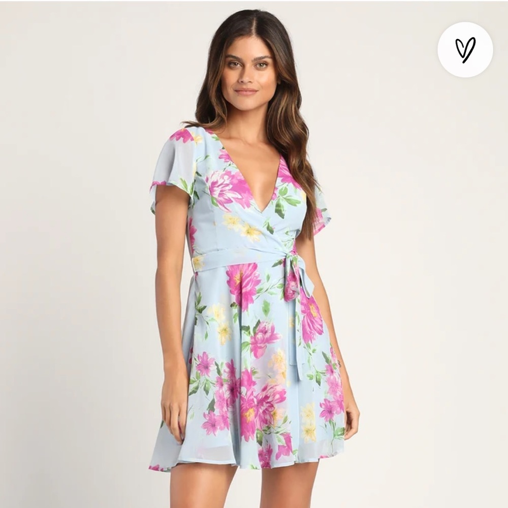 Lulus In the Gardens Light Blue Floral Print Surplice Mini Dress